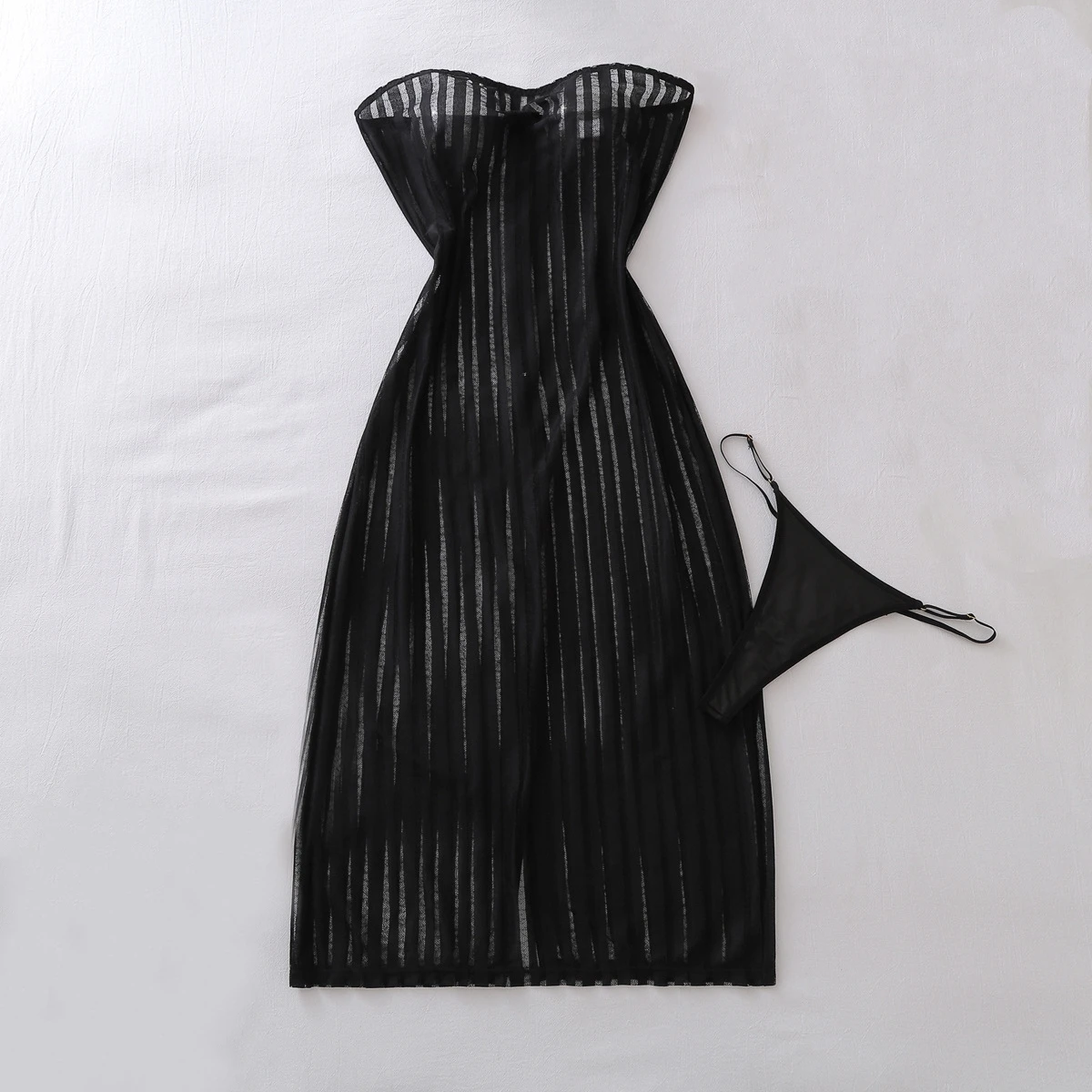 Sexy Perspective Striped Slim Fit Shaping Strapless Exotic Dress and Thong Set Womens Backless See Through Ultra-Thin Mesh Skirt
Sexy Perspective Striped Slim Fit Shaping Strapless Exotic Dress and Thong Set Womens Backless See Through Ultra-Thin Mesh Skirt