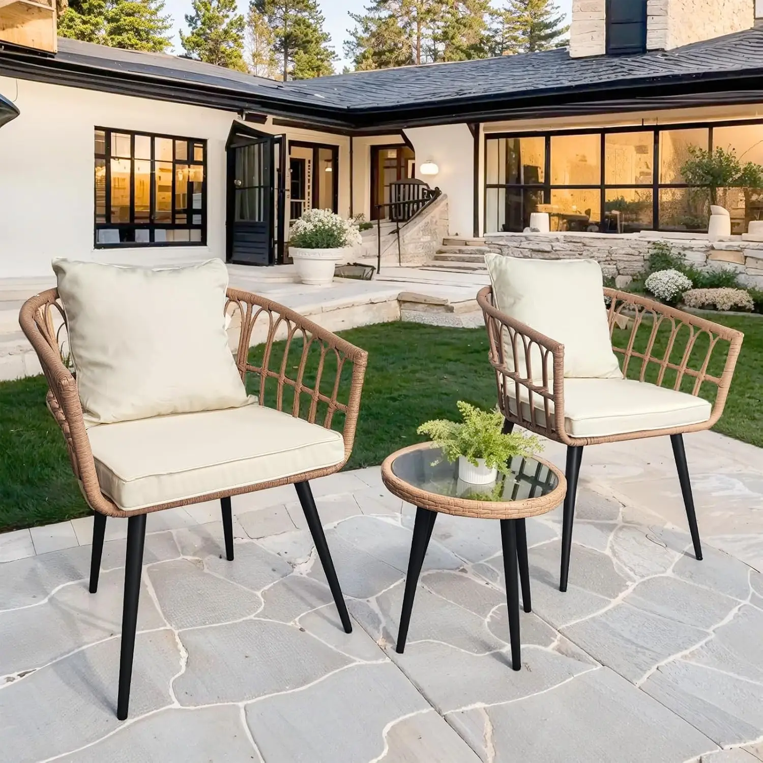 3-Piece Patio Bistro Set, All-Weather Rattan Furniture with 2 Chairs & Glass Table for Balcony Porch Backyard (Beige)
3-Piece Patio Bistro Set, All-Weather Rattan Furniture with 2 Chairs & Glass Table for Balcony Porch Backyard (Beige)