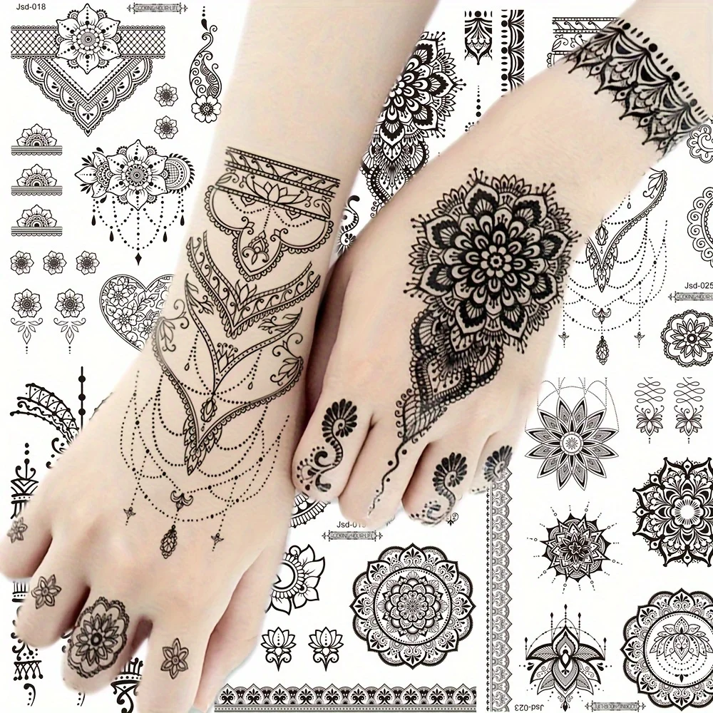 Black Henna Temporary Tattoos for Women Lace Flower Mehndi Sticker for Hand Fake Henna Tattoo Sticker Body Art Wedding Tatoo
Black Henna Temporary Tattoos for Women Lace Flower Mehndi Sticker for Hand Fake Henna Tattoo Sticker Body Art Wedding Tatoo
