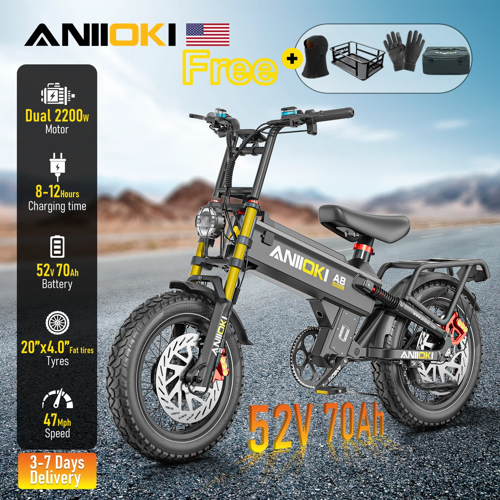 5400W Dual Motor 52V 70Ah ANIIOKI Electric Bike 47mph Fat Tires 20"*4" ANIIOKI A8 Pro Max AWD EBike Adults Electric Bicycle
5400W Dual Motor 52V 70Ah ANIIOKI Electric Bike 47mph Fat Tires 20"*4" ANIIOKI A8 Pro Max AWD EBike Adults Electric Bicycle