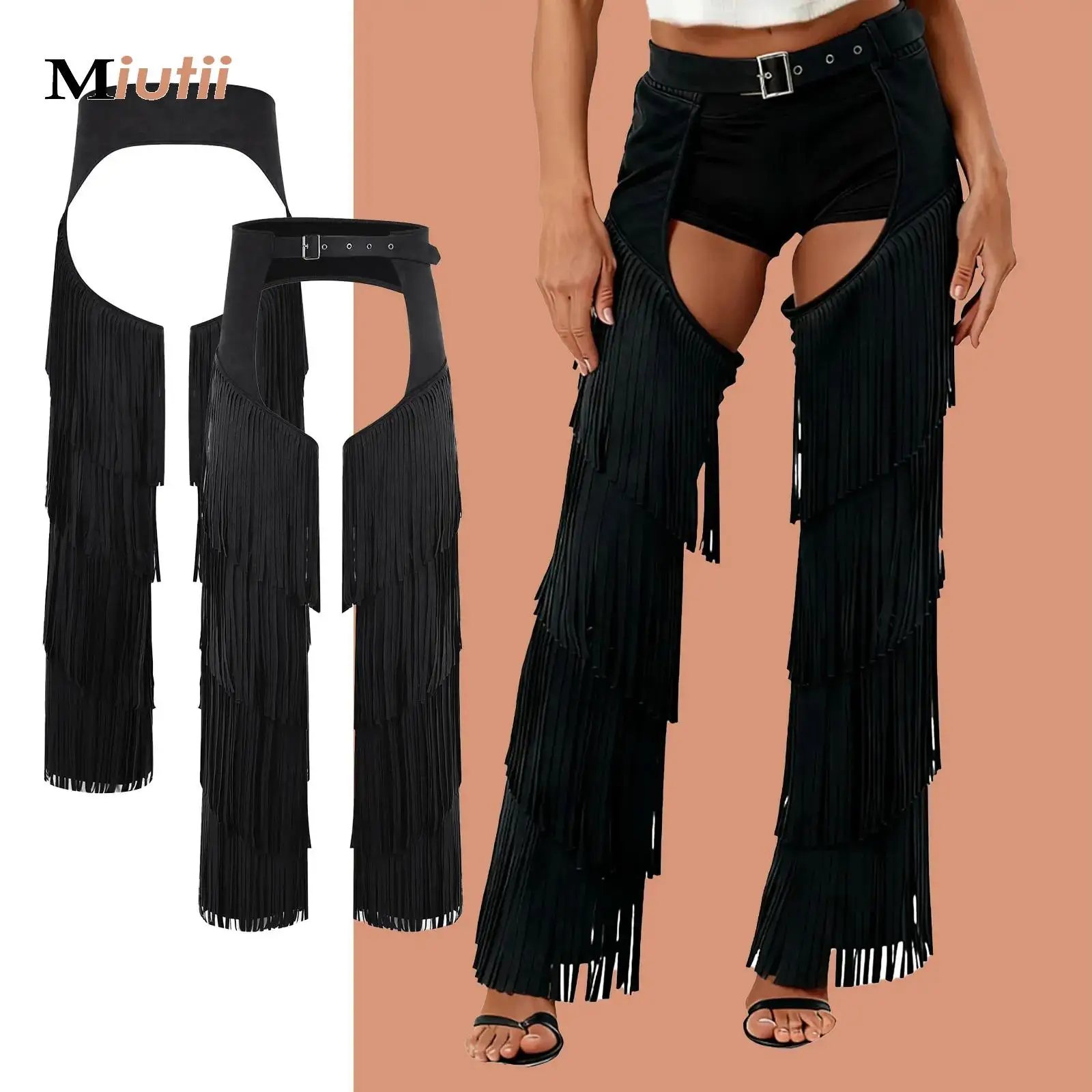Women Halloween Western Cowgirl Cosplay Costume Adjustable Buckle Open Crotch Fringe Retro Chaps Pants for Carnival Raves Party
Women Halloween Western Cowgirl Cosplay Costume Adjustable Buckle Open Crotch Fringe Retro Chaps Pants for Carnival Raves Party
