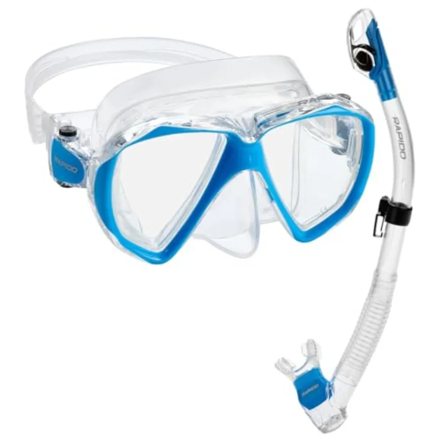 Snorkeling mask and snorkel combo for water sports, polycarbonate lenses, clear/pastel blue, dual-lens design with anti-fog coa
Snorkeling mask and snorkel combo for water sports, polycarbonate lenses, clear/pastel blue, dual-lens design with anti-fog coa
