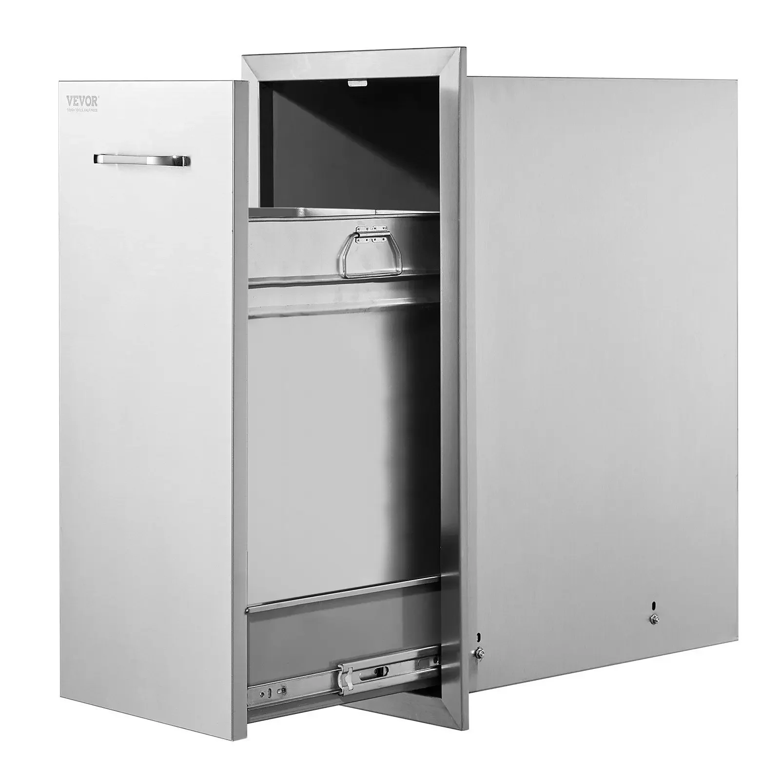 "Stainless steel pull-out trash drawer (13.4x26x19.6") for outdoor kitchens/BBQ stations."
"Stainless steel pull-out trash drawer (13.4x26x19.6") for outdoor kitchens/BBQ stations."