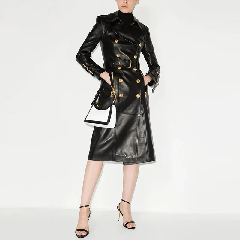 BluWin Women's pu leather long trench coat fashion lapel double breasted waisted knee length jacket with belt
BluWin Women's pu leather long trench coat fashion lapel double breasted waisted knee length jacket with belt