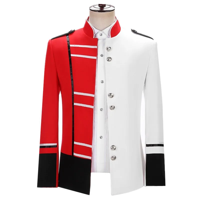 Men's European court style red and white contrasting stand up collar suit, stage host and singer performance costumes
Men's European court style red and white contrasting stand up collar suit, stage host and singer performance costumes