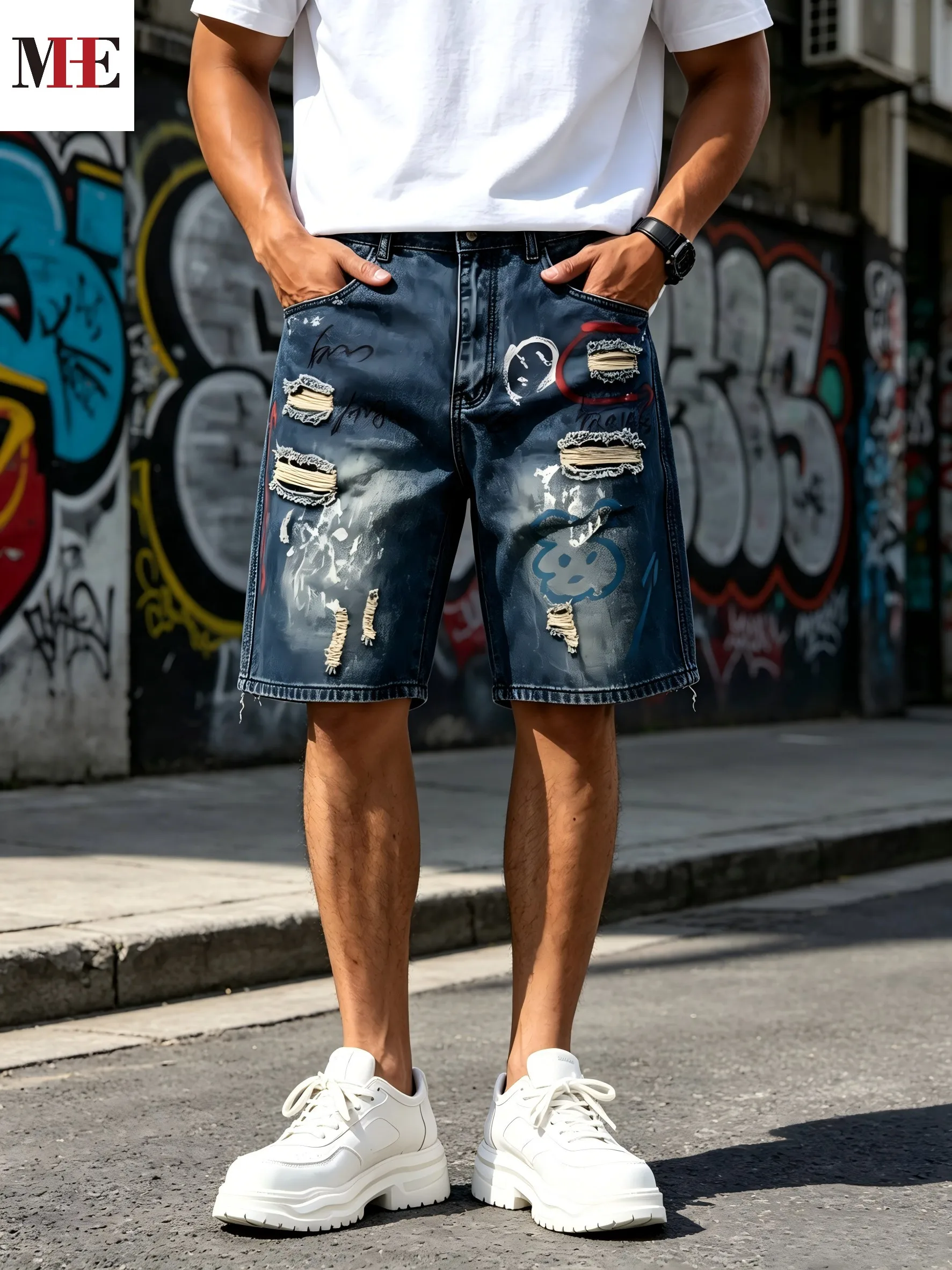 HME Loose Straight Denim Pants, Men's Vintage Knee Shorts with Unique Graffiti Artwork & Washed Denim Craft
HME Loose Straight Denim Pants, Men's Vintage Knee Shorts with Unique Graffiti Artwork & Washed Denim Craft