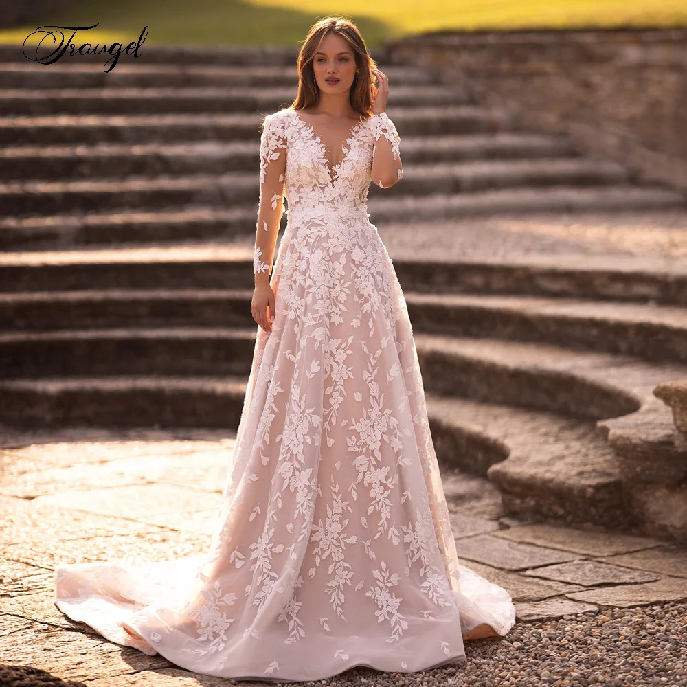 Traugel A-Line Romantic Wedding Dresses V-Neck Long Sleeve Vestido De Novia Lace Appliques Court Train Classic Robe De Mariee
Traugel A-Line Romantic Wedding Dresses V-Neck Long Sleeve Vestido De Novia Lace Appliques Court Train Classic Robe De Mariee