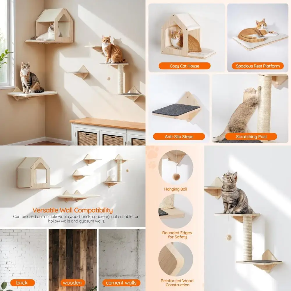 Set of 5 Wall-Mounted Cat Shelves with House, Steps, Scratching Post, and Perch for Climbing and Scratching
Set of 5 Wall-Mounted Cat Shelves with House, Steps, Scratching Post, and Perch for Climbing and Scratching