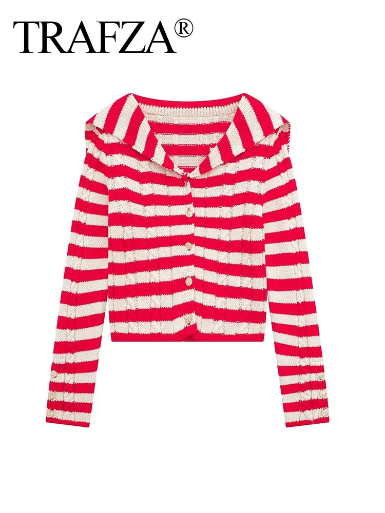 TRAFZA Y2K Red And White Stripes Knitted Cardigan For Women 2024 Spring Cropped Long Sleeves Navy Collar Sweater Sweet Chic Top
TRAFZA Y2K Red And White Stripes Knitted Cardigan For Women 2024 Spring Cropped Long Sleeves Navy Collar Sweater Sweet Chic Top