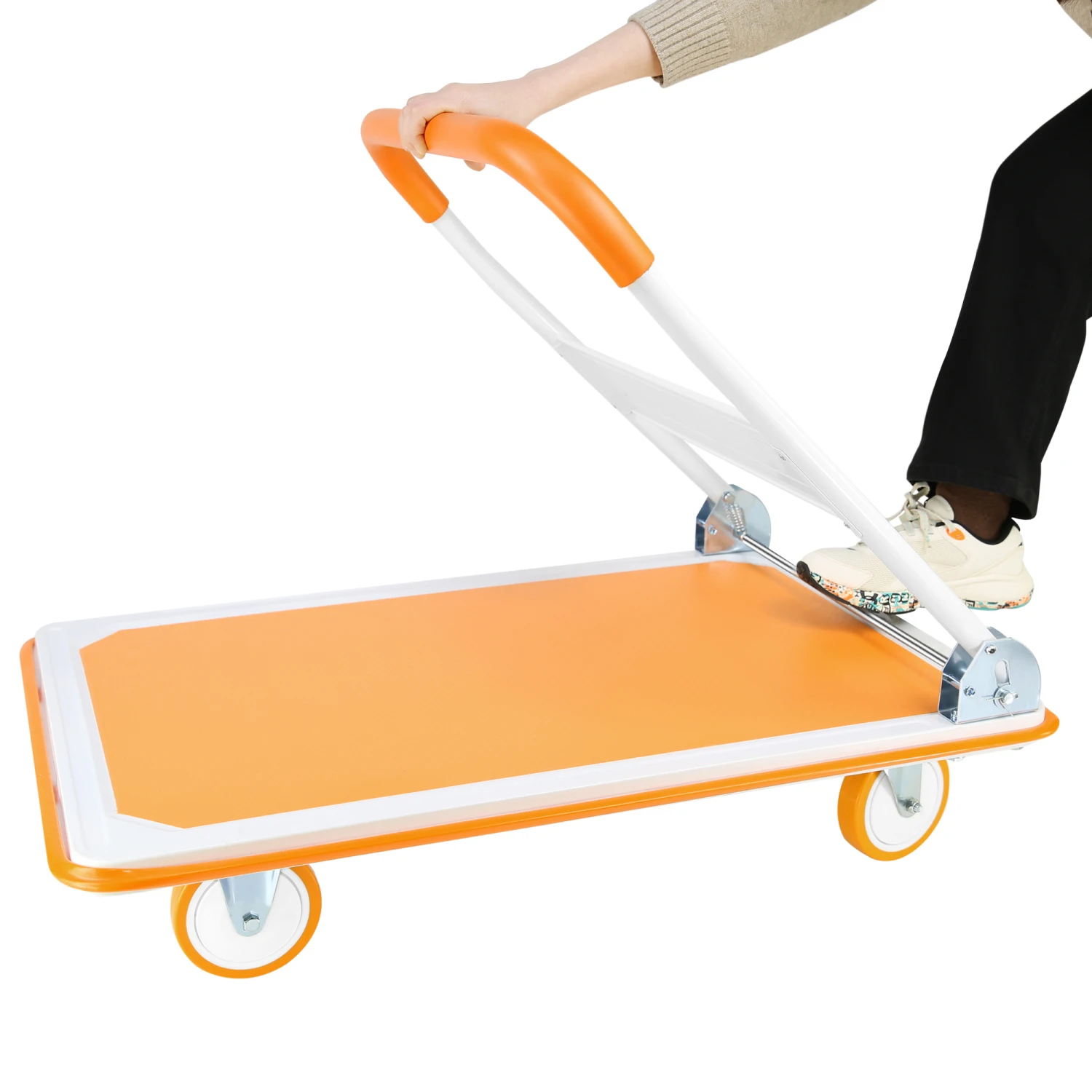 Foldable Push Cart Dolly - 660 Lb. Capacity Heavy Duty Moving Platform Hand Truck - Folding & Rolling White & Orange Flatbed Car
Foldable Push Cart Dolly - 660 Lb. Capacity Heavy Duty Moving Platform Hand Truck - Folding & Rolling White & Orange Flatbed Car