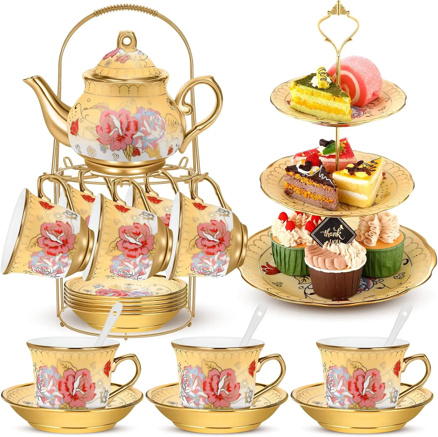 21 Pcs Vintage Porcelain Tea Set with Metal Holder & Cupcake Stand, Yellow Fall
21 Pcs Vintage Porcelain Tea Set with Metal Holder & Cupcake Stand, Yellow Fall