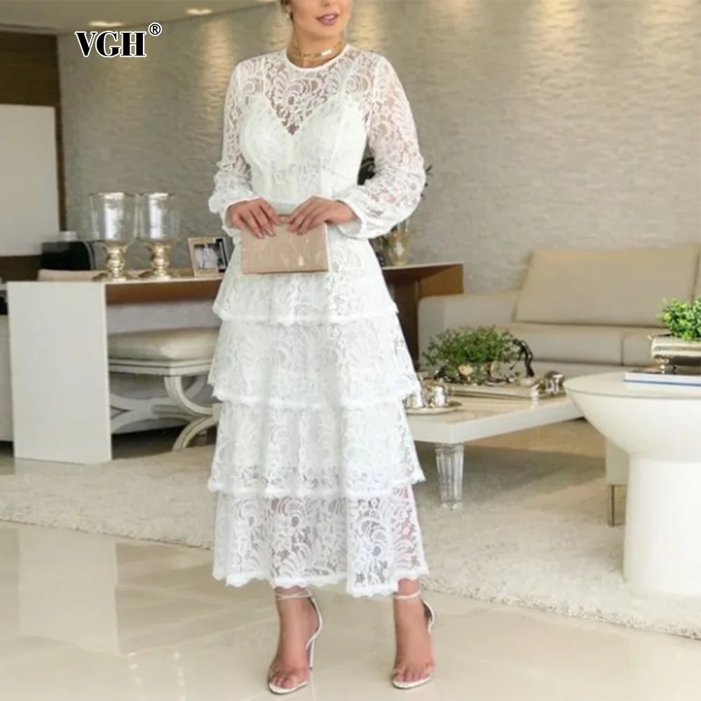 VGH Solid Embroidery Lace Hook Flowers Dresses For Women Round Neck Long Sleeve High Waist Spliced Ruffles Slim Dress Female New
VGH Solid Embroidery Lace Hook Flowers Dresses For Women Round Neck Long Sleeve High Waist Spliced Ruffles Slim Dress Female New