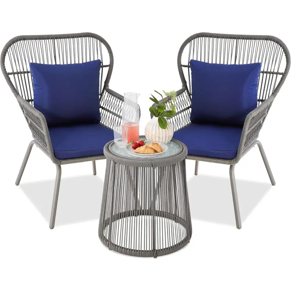 All-Weather 3-Piece Patio Bistro Set with 2 Ergonomic Chairs, Cushions, and Glass Top Side Table in Gray/Navy
All-Weather 3-Piece Patio Bistro Set with 2 Ergonomic Chairs, Cushions, and Glass Top Side Table in Gray/Navy