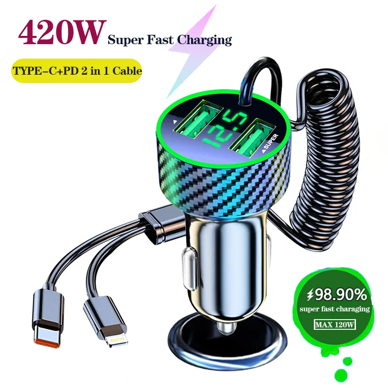 420W USB Car Phone Charger Adapter with Retractable Cable LED Voltage Monitor 2/3/4 in 1 Car Cigarette Lighter Super Fast Charge
420W USB Car Phone Charger Adapter with Retractable Cable LED Voltage Monitor 2/3/4 in 1 Car Cigarette Lighter Super Fast Charge