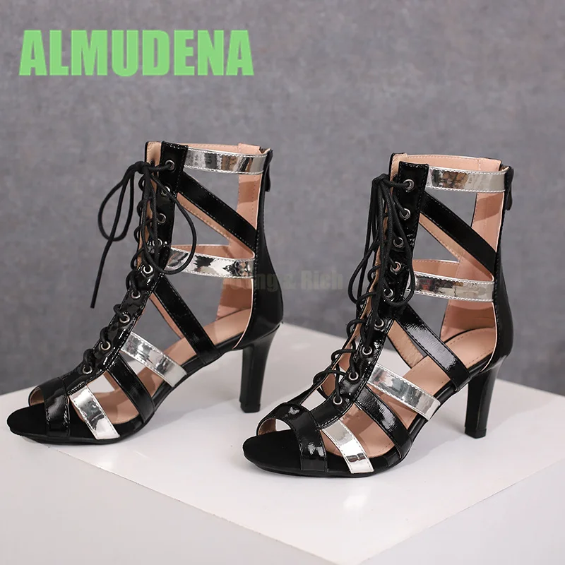 Fish Mouth Cool Boots Summer Patent Leather Fashionable Silver Black Color Blocked Hollow Lace Jazz Dance High-Heeled Sandals
Fish Mouth Cool Boots Summer Patent Leather Fashionable Silver Black Color Blocked Hollow Lace Jazz Dance High-Heeled Sandals