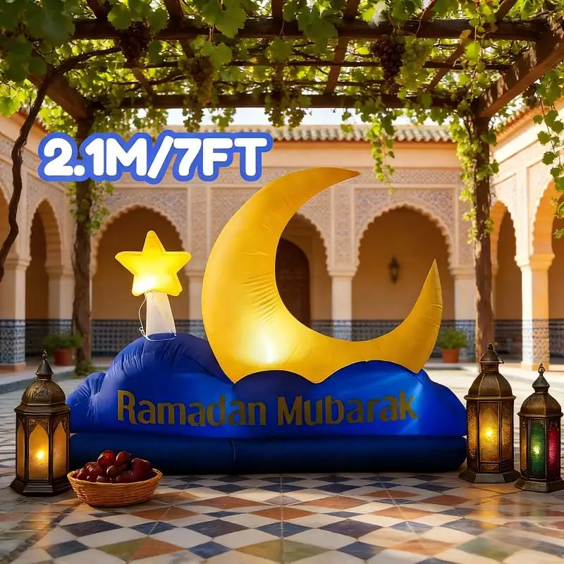 Надувной декор для Рамадана: синий полумесяц и желтая звезда, 7 футов, украшение для исламского праздника Рамадан Мубарак, надувные украшения для двора.
Надувной декор для Рамадана: синий полумесяц и желтая звезда, 7 футов, украшение для исламского праздника Рамадан Мубарак, надувные украшения для двора.