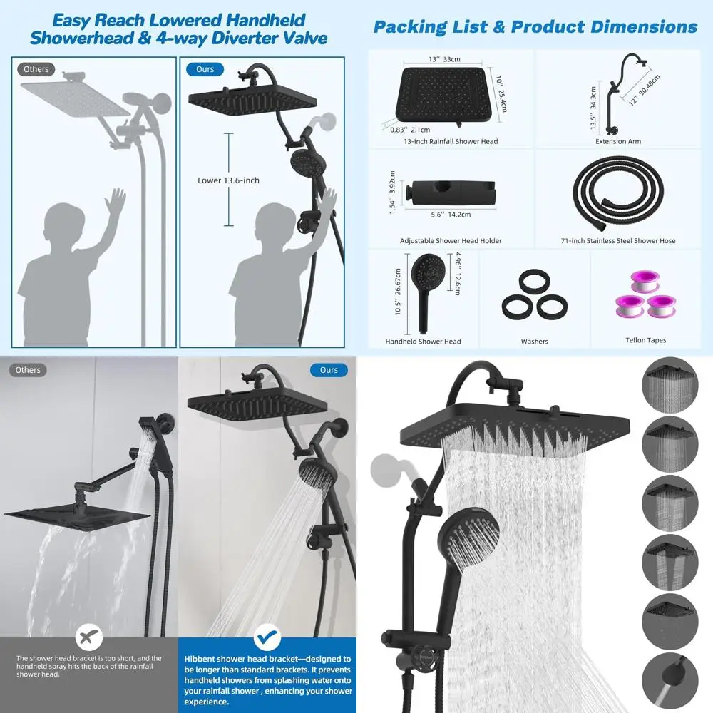 13-inch High-Pressure Shower Combo with 5 Spray Rainfall Head, 10 Mode Handheld, Metal 4-way Diverter Arm, 71-inch Hose & Holder
13-inch High-Pressure Shower Combo with 5 Spray Rainfall Head, 10 Mode Handheld, Metal 4-way Diverter Arm, 71-inch Hose & Holder