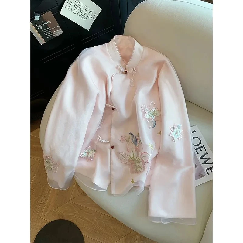 New Chinese Style Shirt Top 2025Autumn Women's Embroidered Pink Shirt Vintage Mandarin Collar Long Sleeve Casual Chic Coat Y2K
New Chinese Style Shirt Top 2025Autumn Women's Embroidered Pink Shirt Vintage Mandarin Collar Long Sleeve Casual Chic Coat Y2K