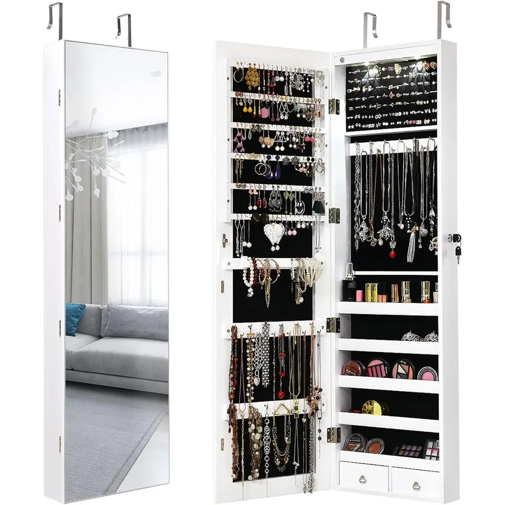 Wall Door Jewelry Armoire Cabinet with Full-Length Mirror, 2 LEDs Lockable Large Storage Jewelry Organizer with Mirror
Wall Door Jewelry Armoire Cabinet with Full-Length Mirror, 2 LEDs Lockable Large Storage Jewelry Organizer with Mirror