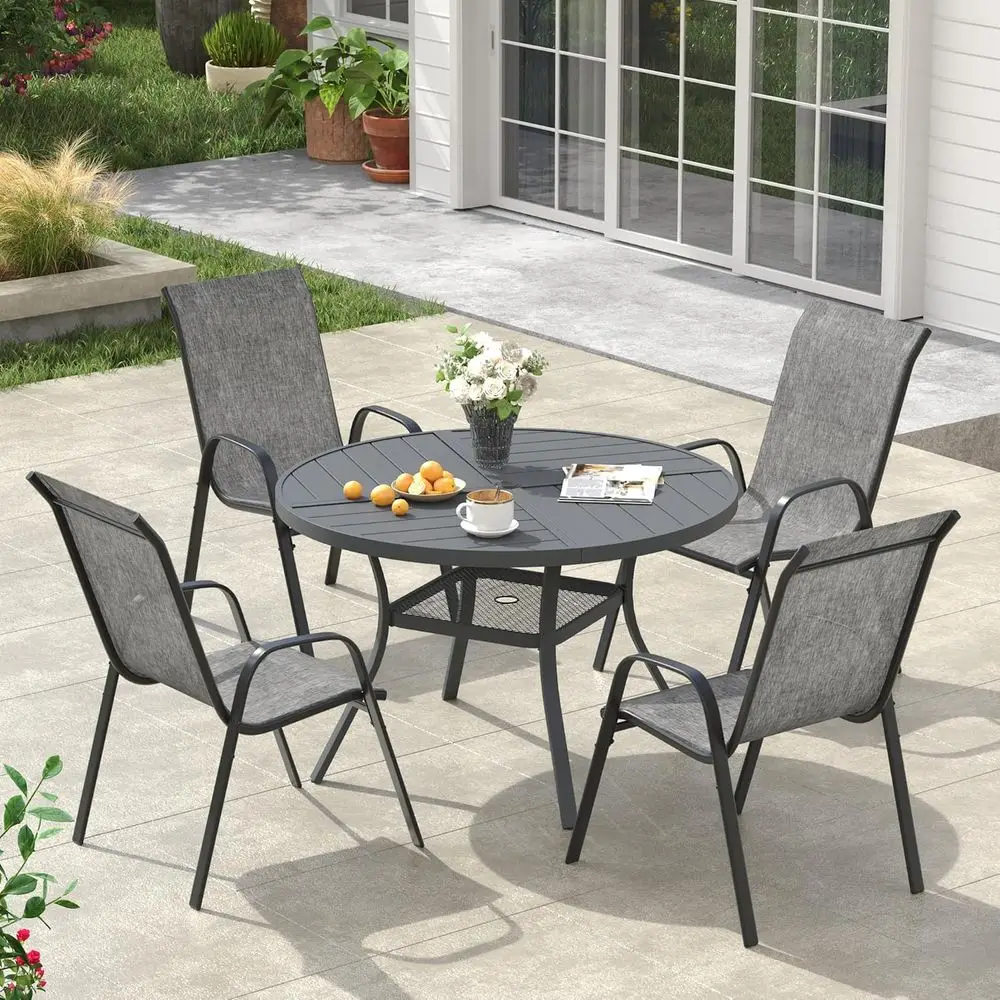 Grey Outdoor Patio Dining Set with 4 Stackable Chairs, Metal Slatted Table and Umbrella Hole
Grey Outdoor Patio Dining Set with 4 Stackable Chairs, Metal Slatted Table and Umbrella Hole