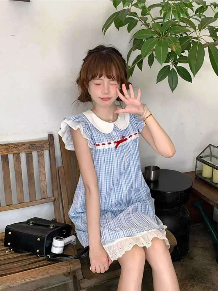 Summer New Sweet Flying Sleeve Blue Dress Women Bow Cute Plaid Patchword Dress Japanese Elegant Princess Party Shortt Dress 2025
Summer New Sweet Flying Sleeve Blue Dress Women Bow Cute Plaid Patchword Dress Japanese Elegant Princess Party Shortt Dress 2025
