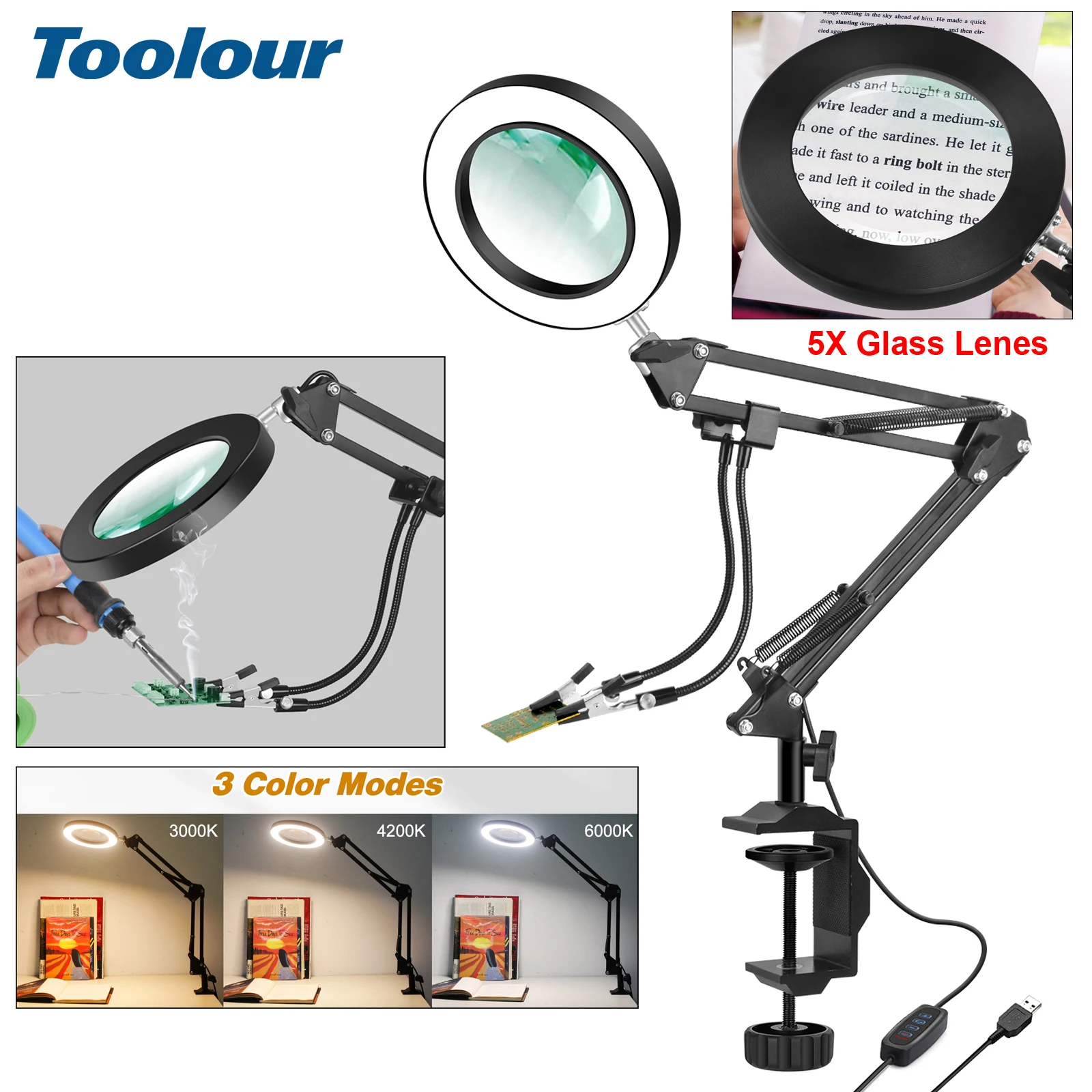 Toolour 5X Magnifying Glass with 72 LED Light 3 Color Modes 10 Stepless Dimmable Desk Lamp 2 Metal Flexible Arms for Soldering
Toolour 5X Magnifying Glass with 72 LED Light 3 Color Modes 10 Stepless Dimmable Desk Lamp 2 Metal Flexible Arms for Soldering