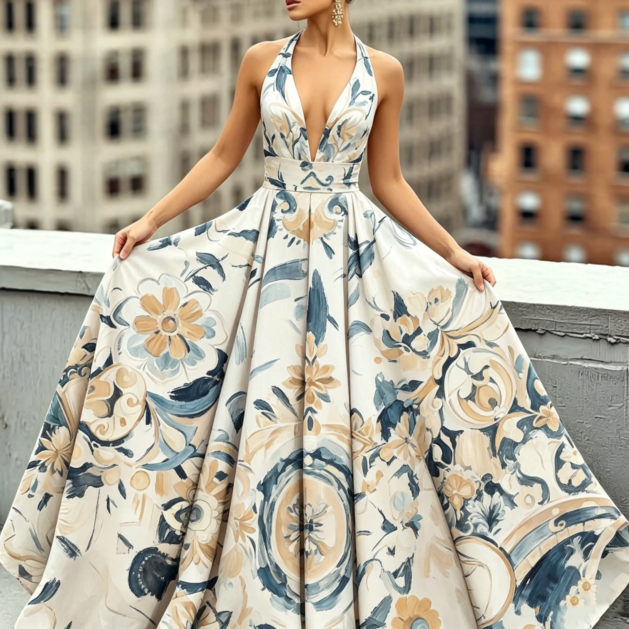 Women's Vintage Watercolor Floral Print Halter Deep V Maxi Dress High Waist Pleated Swing Summer Slim Fit Versatile Dress
Women's Vintage Watercolor Floral Print Halter Deep V Maxi Dress High Waist Pleated Swing Summer Slim Fit Versatile Dress