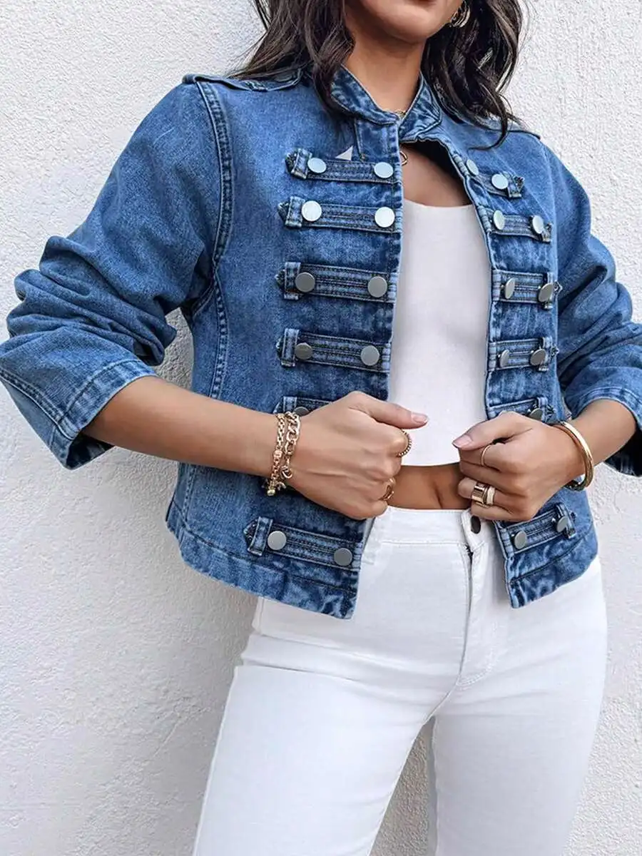 Womens Stand-Collar Short Denim Jacket Double-Breasted Vintage Washed Blue Casual Coat
Womens Stand-Collar Short Denim Jacket Double-Breasted Vintage Washed Blue Casual Coat