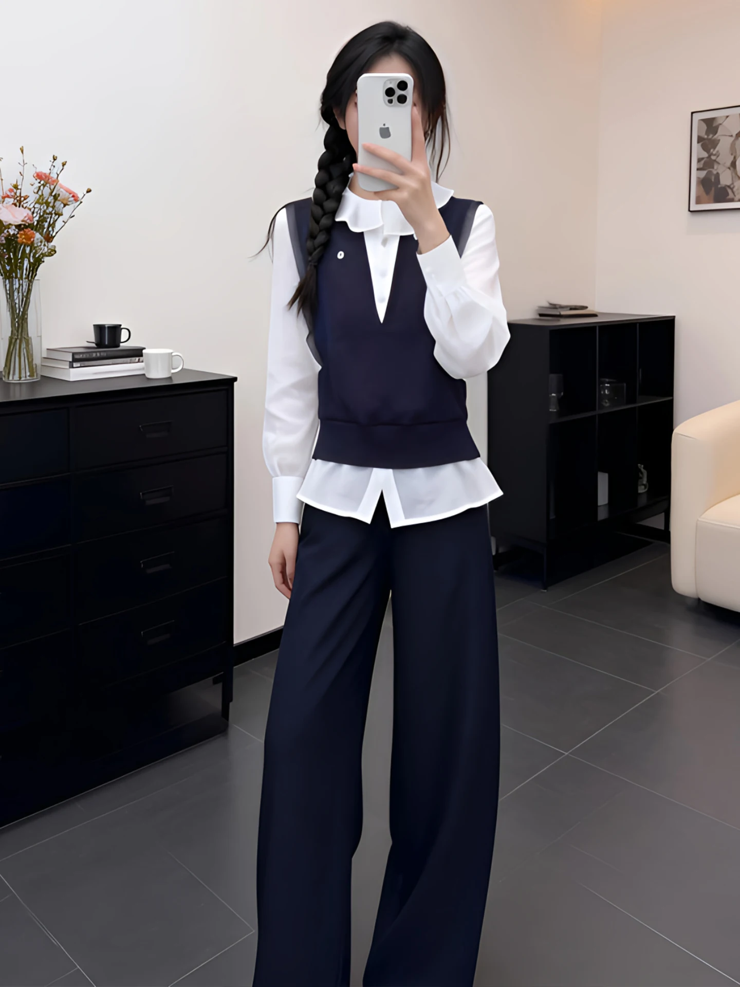 Blue Contrast Color Splicing Fake Two-Piece Shirt High Waist Wide Leg Pants Set Women's Spring Autumn New Elegance Two-Piece Set
Blue Contrast Color Splicing Fake Two-Piece Shirt High Waist Wide Leg Pants Set Women's Spring Autumn New Elegance Two-Piece Set
