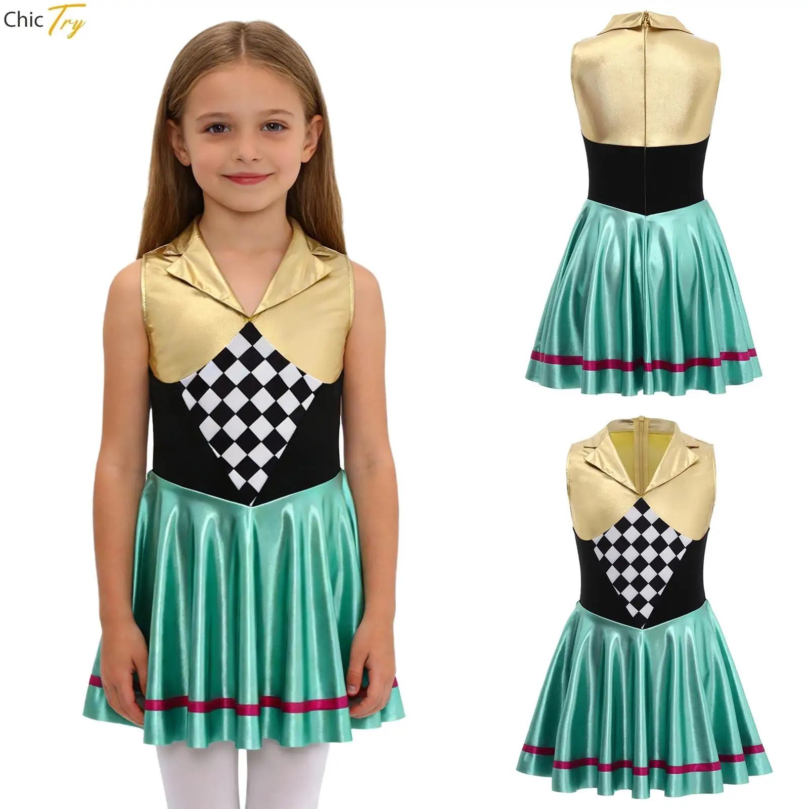 Girls Roleplay Mad Hat Movie Fancy Dress Up Patchwork Metallic Glossy Sleeveless Dress Leotard Theme Party Cosplay Clown Costume
Girls Roleplay Mad Hat Movie Fancy Dress Up Patchwork Metallic Glossy Sleeveless Dress Leotard Theme Party Cosplay Clown Costume