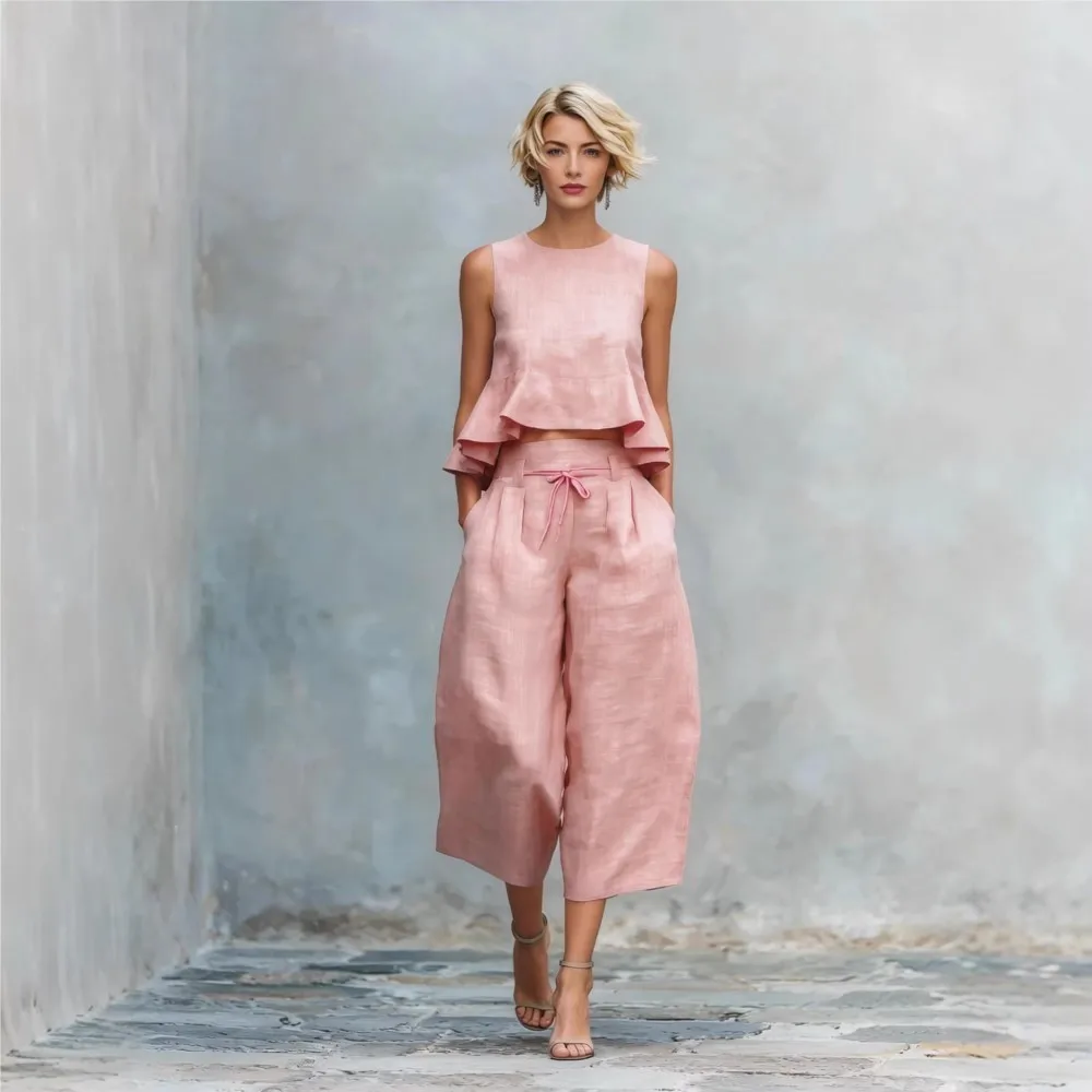 New Linen Vest Top Ruffled Navel-baring Top + 9 Point Pants Set Women's Fashion Pockets Slimming Loose Wide-leg Pants 2piece Set
New Linen Vest Top Ruffled Navel-baring Top + 9 Point Pants Set Women's Fashion Pockets Slimming Loose Wide-leg Pants 2piece Set