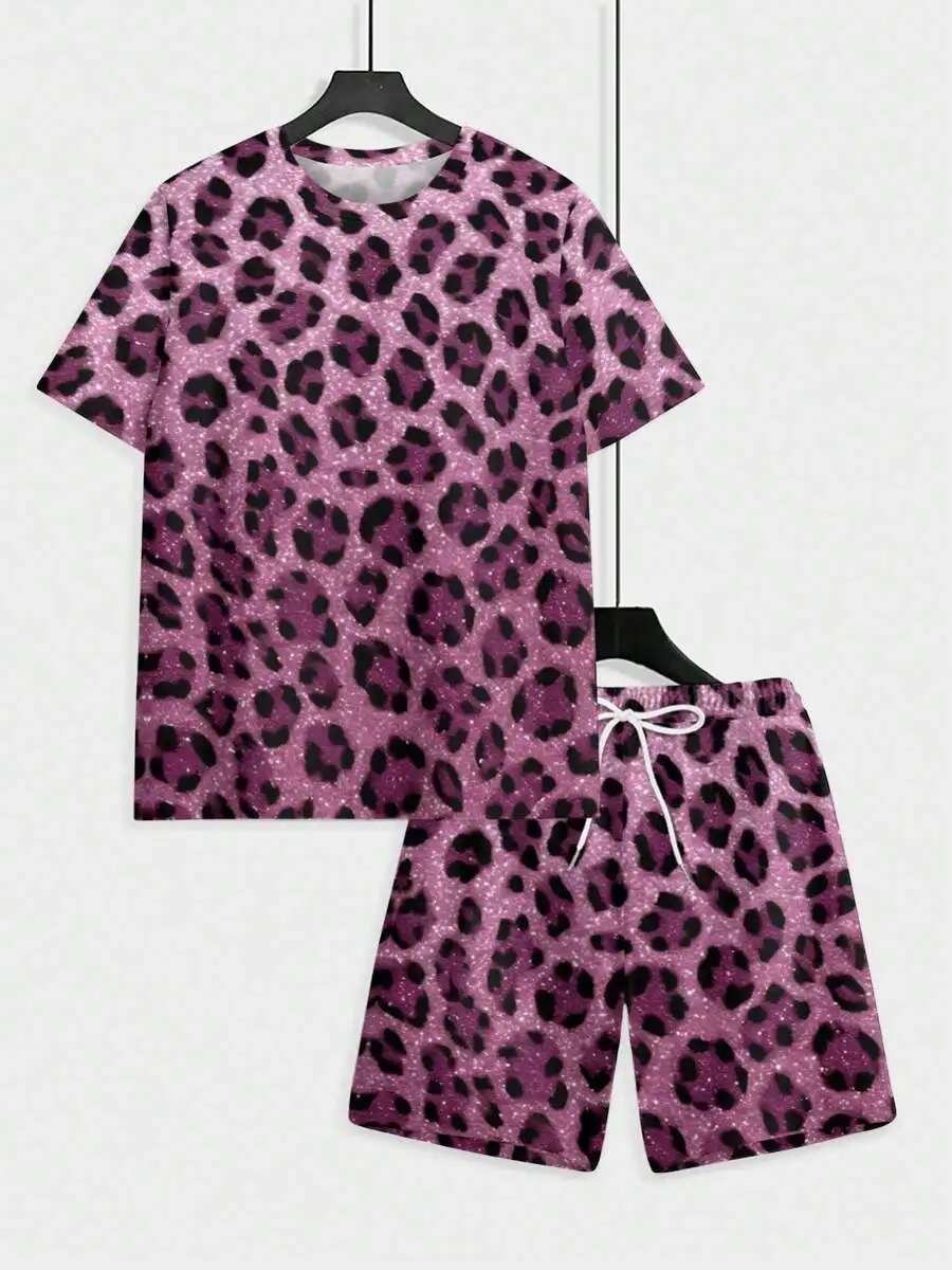Mens Leopard Print Short Sleeve Set Pink Purple Drawstring Shorts Lightweight Polyester
Mens Leopard Print Short Sleeve Set Pink Purple Drawstring Shorts Lightweight Polyester
