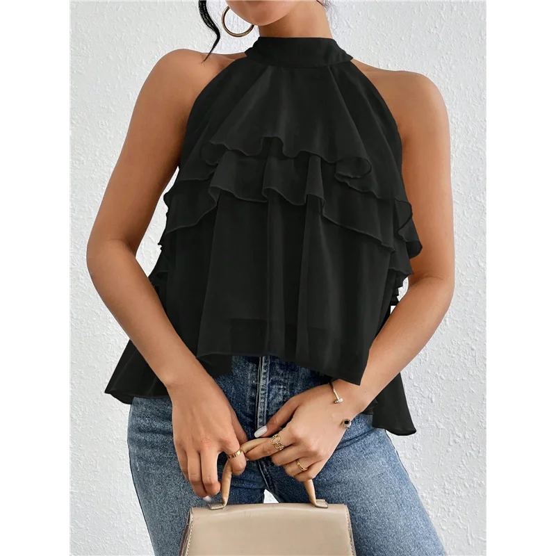 Women's Layered Ruffle Hem Sleeveless Halter Chiffon Blouse Flowy Tank Tops-A55G
Women's Layered Ruffle Hem Sleeveless Halter Chiffon Blouse Flowy Tank Tops-A55G