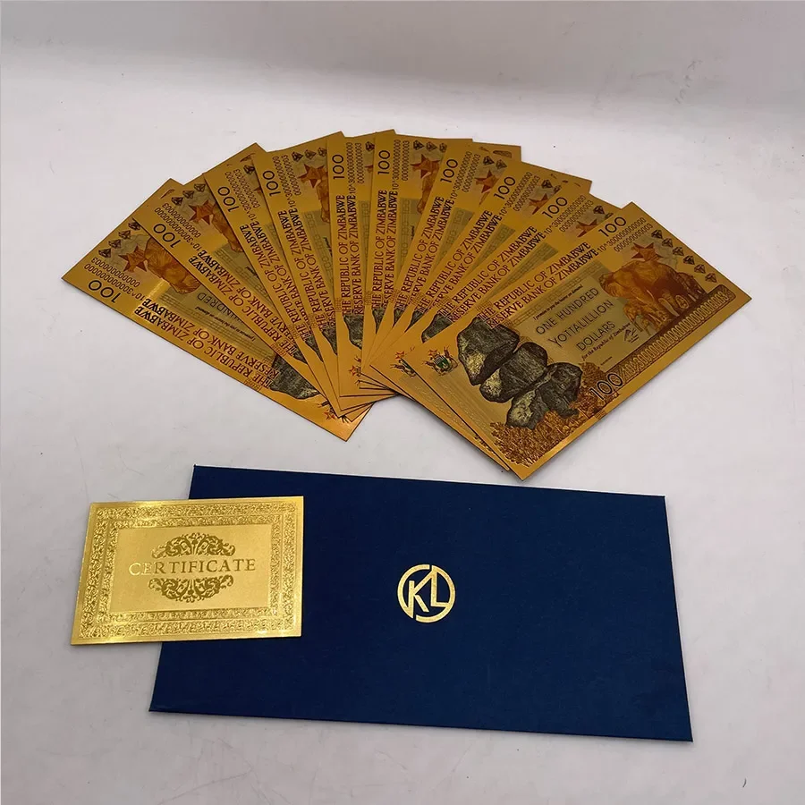 10 pcs Zimbabwe Gold banknote ONE HUNDRED YOTTALILLION dollars Gold 999999 Zimbabwe Dollars banknote for Business Gift
10 pcs Zimbabwe Gold banknote ONE HUNDRED YOTTALILLION dollars Gold 999999 Zimbabwe Dollars banknote for Business Gift