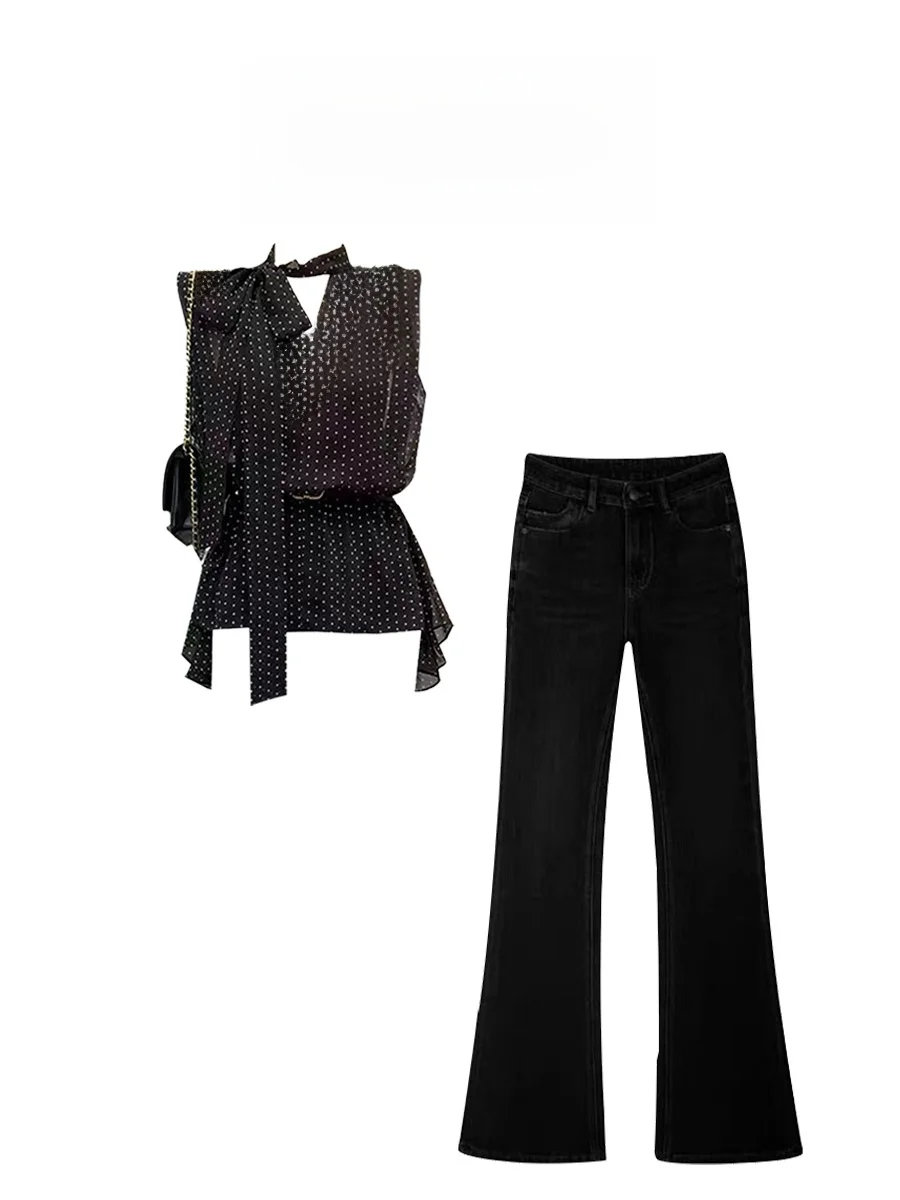 Black Polka Dot Sleeveless Shirt with Waist Belt High Waist Slim Fit Denim Pants Sexy Two Piece Set for Women Summer Fashion
Black Polka Dot Sleeveless Shirt with Waist Belt High Waist Slim Fit Denim Pants Sexy Two Piece Set for Women Summer Fashion
