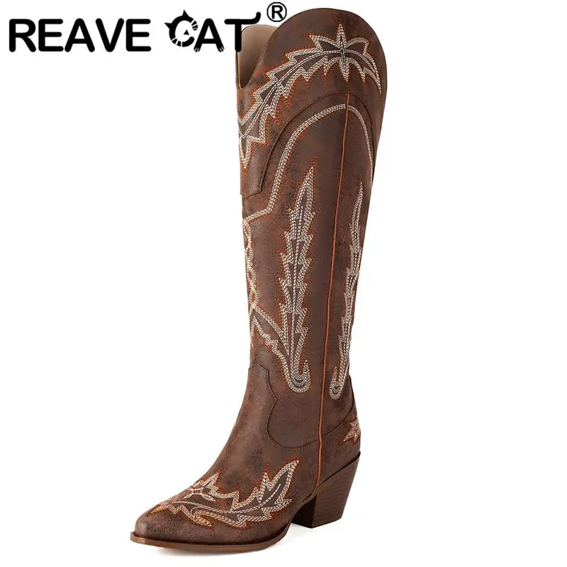 REAVE CAT Распродажа на остром носке Винтажные женские ковбойские сапоги с вышивкой Размер 42 43 Ежедневные сапоги до колена Bota с острым носком на блочном каблуке 6 см
REAVE CAT Распродажа на остром носке Винтажные женские ковбойские сапоги с вышивкой Размер 42 43 Ежедневные сапоги до колена Bota с острым носком на блочном каблуке 6 см