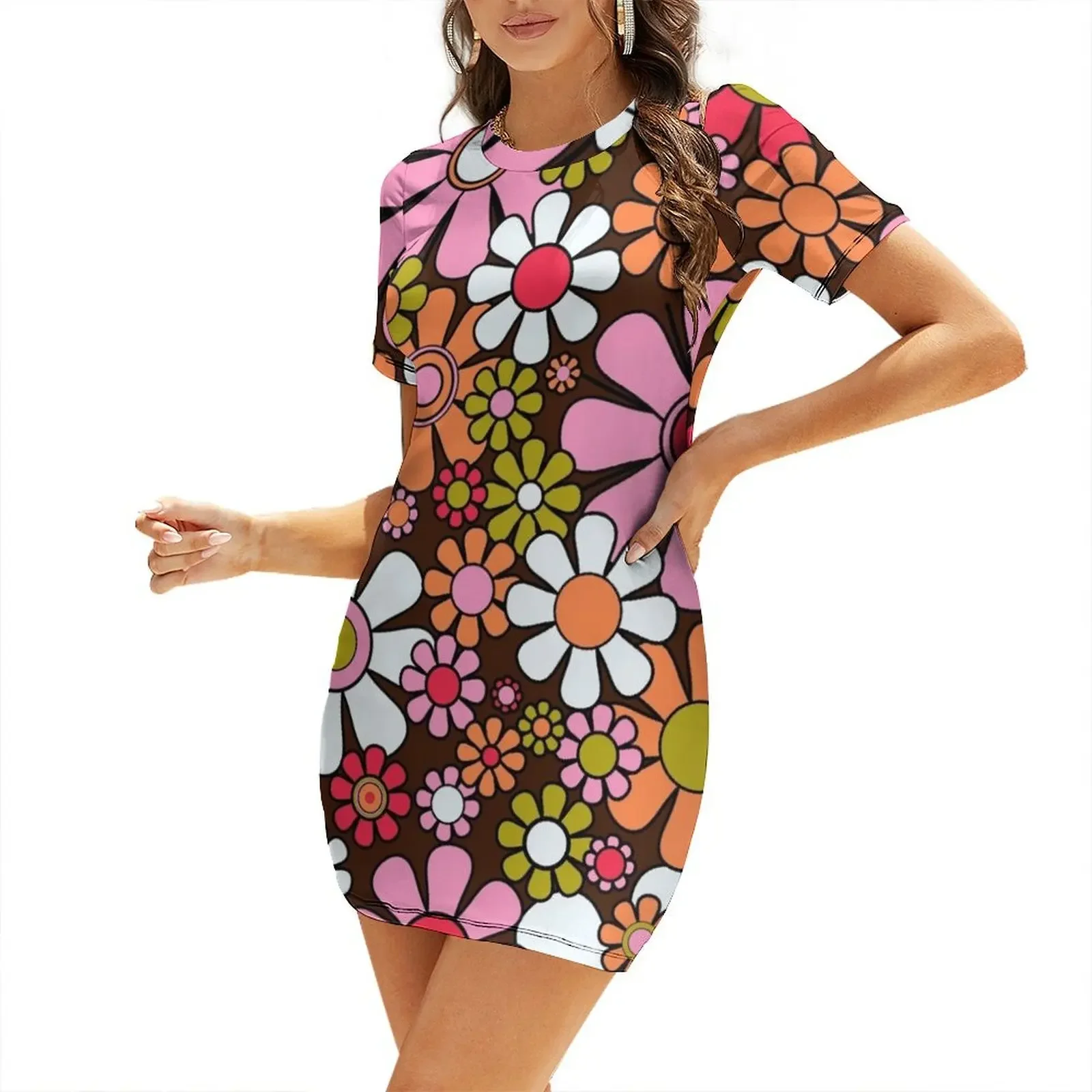 Retro Garden Flowers Groovy 60s 70s Floral Pattern Pink Brown Avocado Orange Black Short-Sleeved Dress
Retro Garden Flowers Groovy 60s 70s Floral Pattern Pink Brown Avocado Orange Black Short-Sleeved Dress