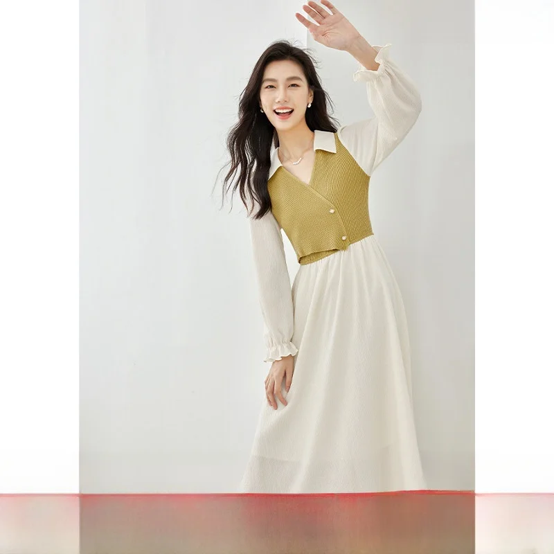 V-Neck Knitted Dress Patchwork Elegant Midi Skirt Long Sleeve Button Closure A-Line Silhouette Polyester Spandex Blend
V-Neck Knitted Dress Patchwork Elegant Midi Skirt Long Sleeve Button Closure A-Line Silhouette Polyester Spandex Blend