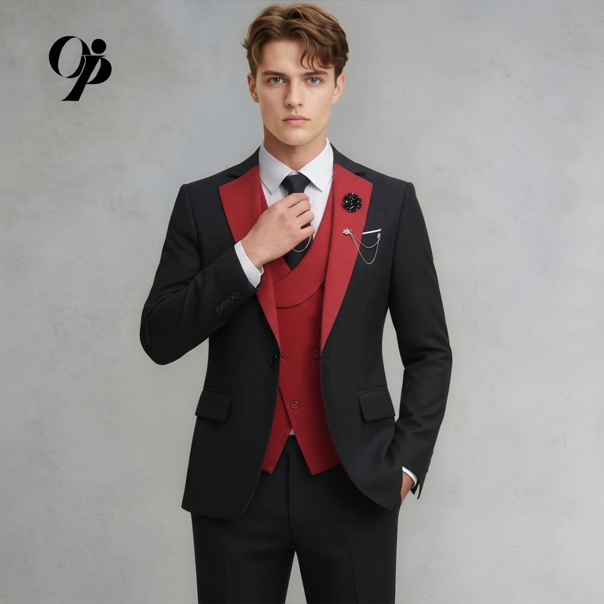 Elegant Gentleman Black Red Tuxedo Suit 3-Piece Slim Fit by Opeodly Formal Wear with Color Block Design
Elegant Gentleman Black Red Tuxedo Suit 3-Piece Slim Fit by Opeodly Formal Wear with Color Block Design