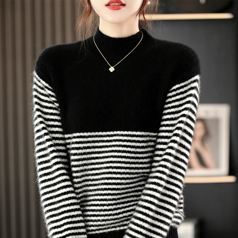 100% pure wool women's half-high-neck color matching stripe autumn and winter new loose versatile cashmere sweater
100% pure wool women's half-high-neck color matching stripe autumn and winter new loose versatile cashmere sweater