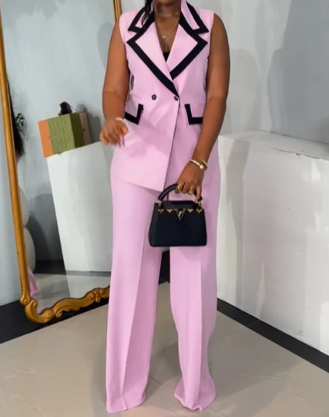 Color Blocked Sleeveless Lapel Top Button Up Sleeveless Suit Vest Top and High Waisted Wide Leg Pants Set Fashion 2-Piece Set
Color Blocked Sleeveless Lapel Top Button Up Sleeveless Suit Vest Top and High Waisted Wide Leg Pants Set Fashion 2-Piece Set