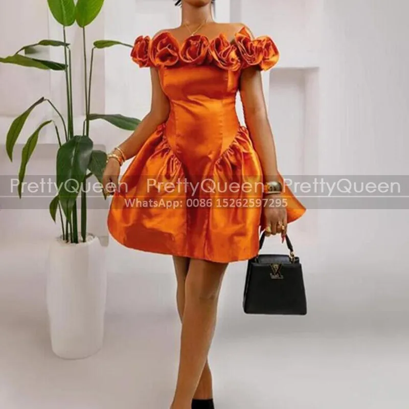 Customized Short Bridesmaid Dresses Flowers Off Shoulder A Line Orange Short Sleeves Mini Wedding Party Dress
Customized Short Bridesmaid Dresses Flowers Off Shoulder A Line Orange Short Sleeves Mini Wedding Party Dress