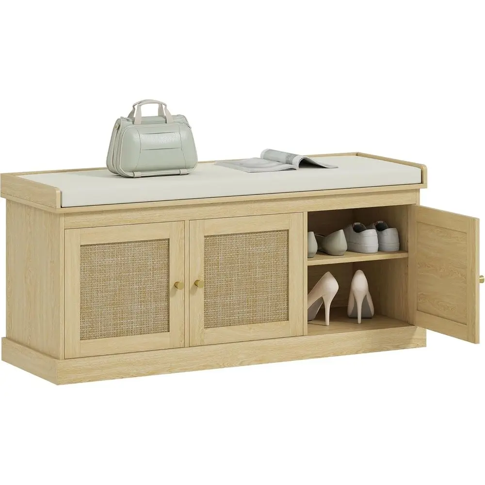 Shoe Bench with Woven Rattan Doors, Shoe Storage Bench with Cushion, Adjustable Shelves for 9 Pairs, Boho Style Entryway Bench for Bedroom, Living Room, 13.8 x 41.3 x 18.5 Inches, Oak Tone
Shoe Bench with Woven Rattan Doors, Shoe Storage Bench with Cushion, Adjustable Shelves for 9 Pairs, Boho Style Entryway Bench for Bedroom, Living Room, 13.8 x 41.3 x 18.5 Inches, Oak Tone