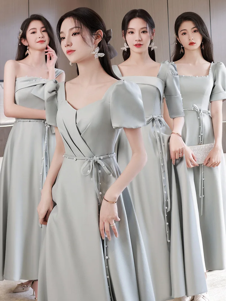 Length Bridesmaid Dresses For Women New Grey Pink Square Neck Leader's Slim Satin Dress Adult Evening Dresses With Bow Belt
Length Bridesmaid Dresses For Women New Grey Pink Square Neck Leader's Slim Satin Dress Adult Evening Dresses With Bow Belt