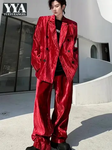 Conjunto de terno de veludo solto masculino vermelho duplo breasted blazer jaqueta calças conjunto de duas peças primavera novo banquete festa ternos conjunto de correspondência