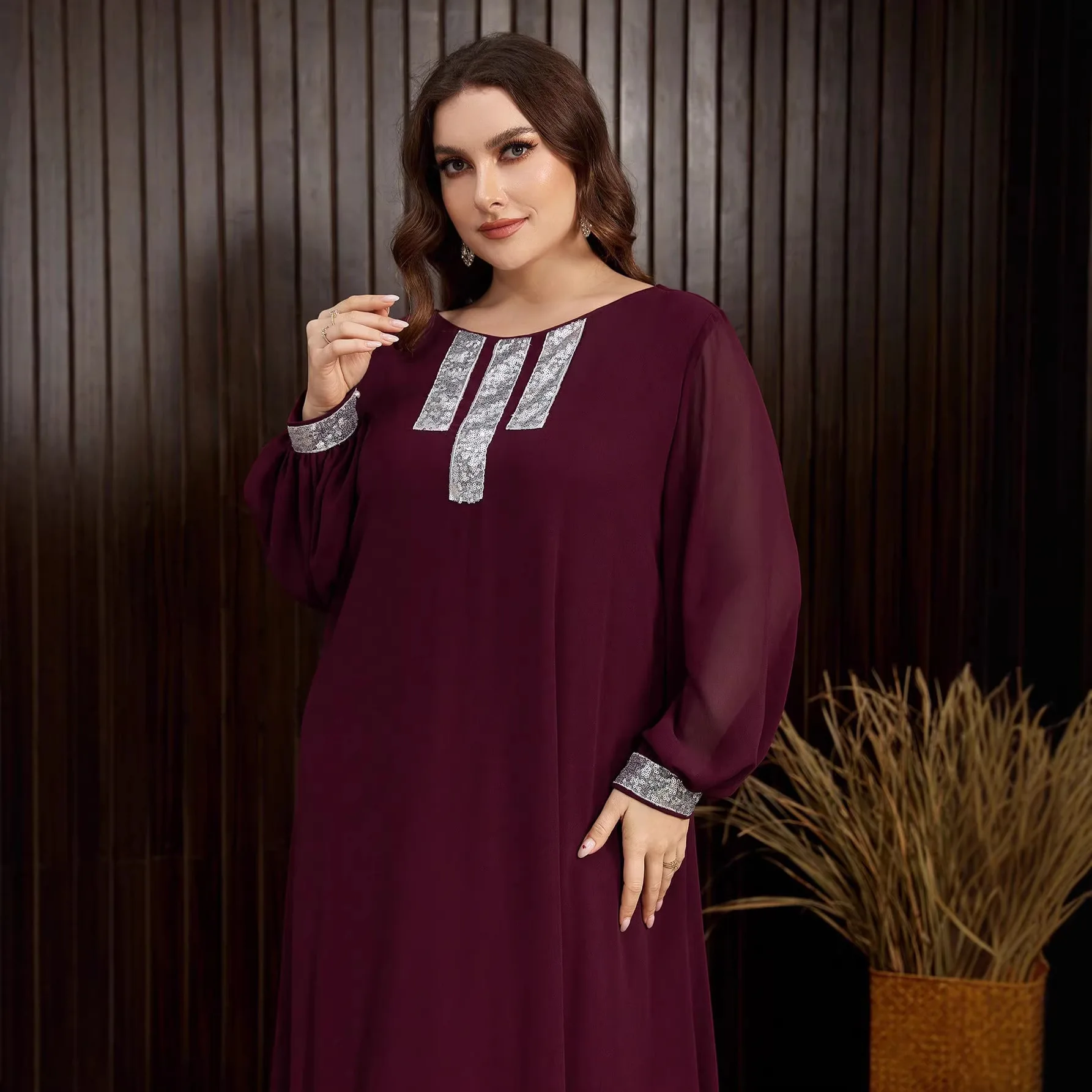 Silver Sequin Front Panel Patchwork Mesh Sleeve Muslim Abaya Women Wine Red Boat Neck Flowy Chiffon Formal Eid Long Dress
Silver Sequin Front Panel Patchwork Mesh Sleeve Muslim Abaya Women Wine Red Boat Neck Flowy Chiffon Formal Eid Long Dress