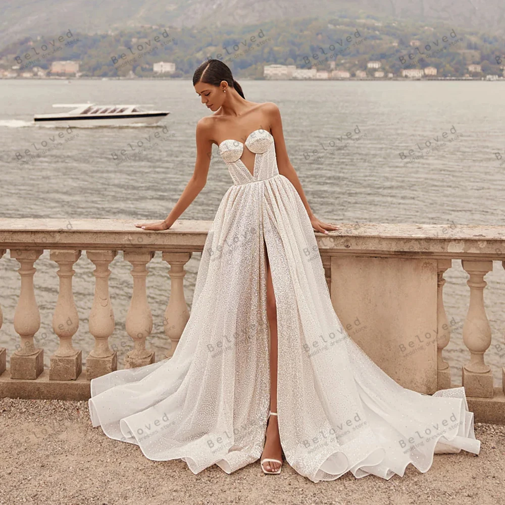 Glitter Wedding Dresses Graceful Bridal Gowns Sequin Appliques Strapless Backless Robes High Slit Vestidos De Novia Customized
Glitter Wedding Dresses Graceful Bridal Gowns Sequin Appliques Strapless Backless Robes High Slit Vestidos De Novia Customized