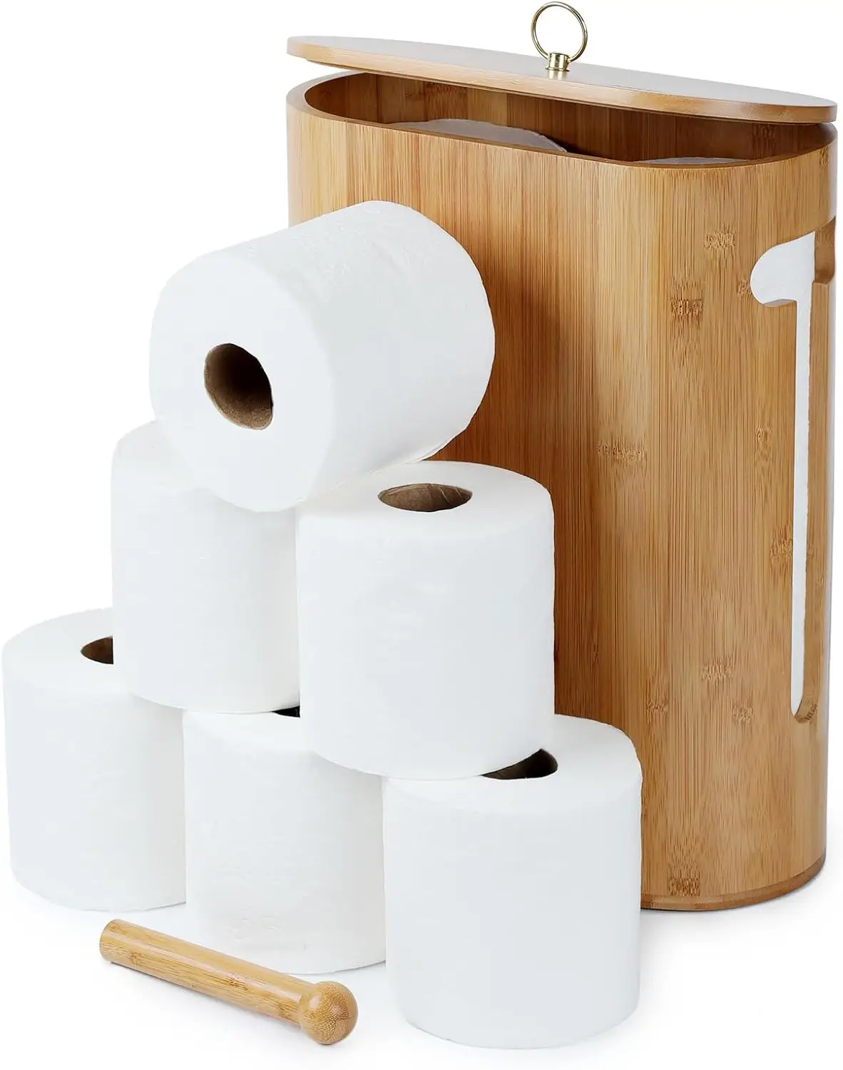 Dual-Use Lid Bamboo Toilet Paper Storage with Viewing Slot, Anti-Slip Base for up to 6 Mega Rolls
Dual-Use Lid Bamboo Toilet Paper Storage with Viewing Slot, Anti-Slip Base for up to 6 Mega Rolls