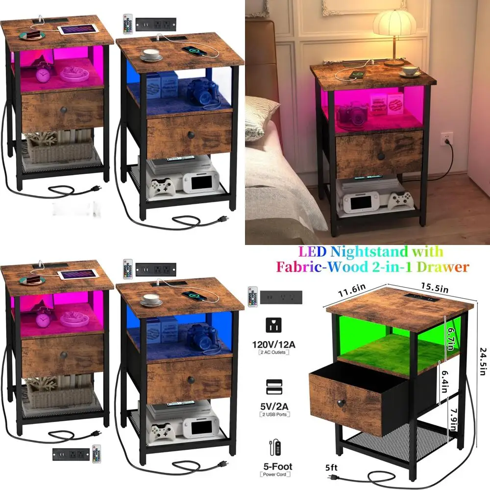 Пара светодиодных тумбочек с зарядными портами, USB-розетками и ящиками из ткани и дерева для компактных помещений, идеально подходит для спальни или жизни.
Пара светодиодных тумбочек с зарядными портами, USB-розетками и ящиками из ткани и дерева для компактных помещений, идеально подходит для спальни или жизни.