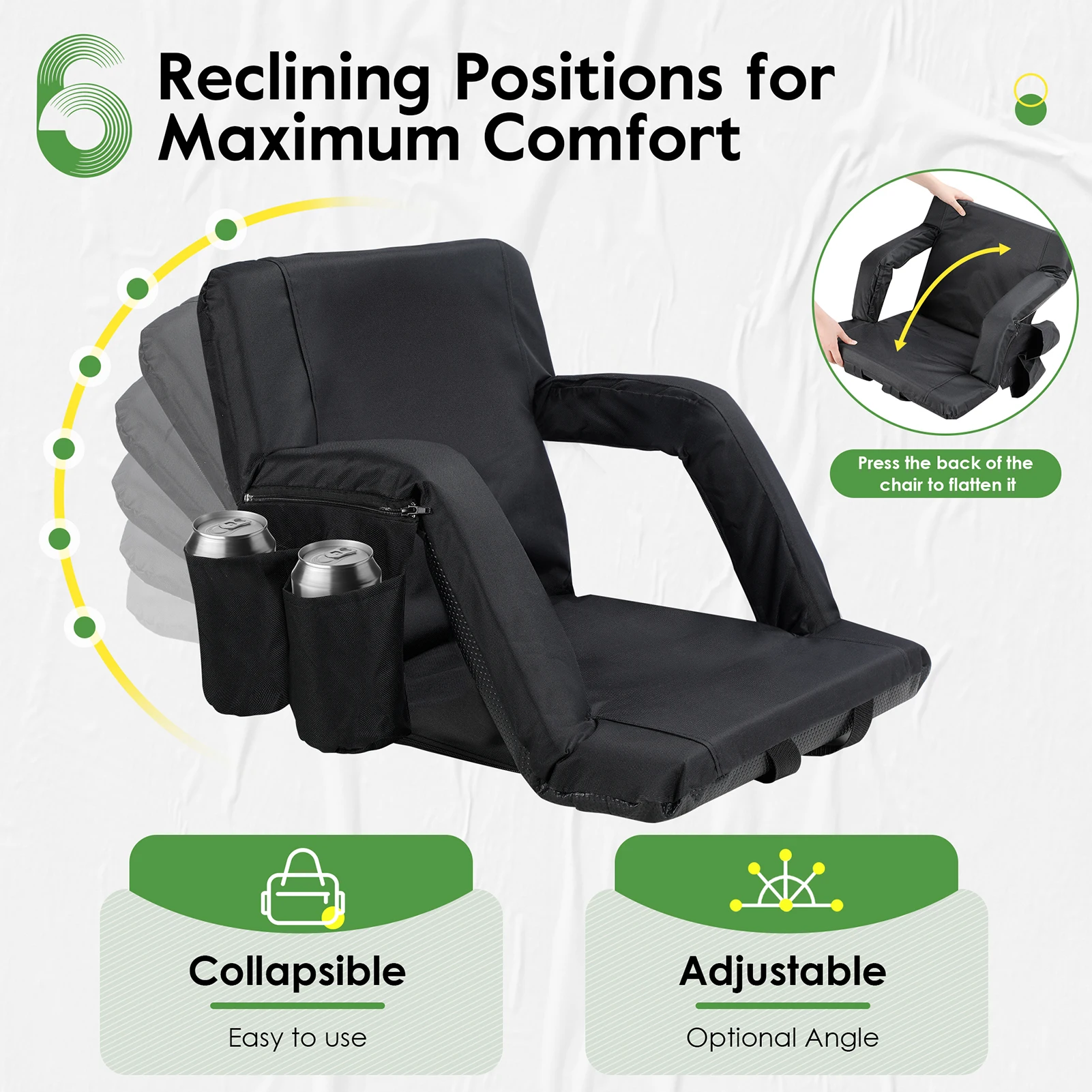 Asiento de Estadio Plegable Portátil Negro con Bolsillos con Cremallera – Silla de Exterior de Poliéster Duradero para Camping
Asiento de Estadio Plegable Portátil Negro con Bolsillos con Cremallera – Silla de Exterior de Poliéster Duradero para Camping